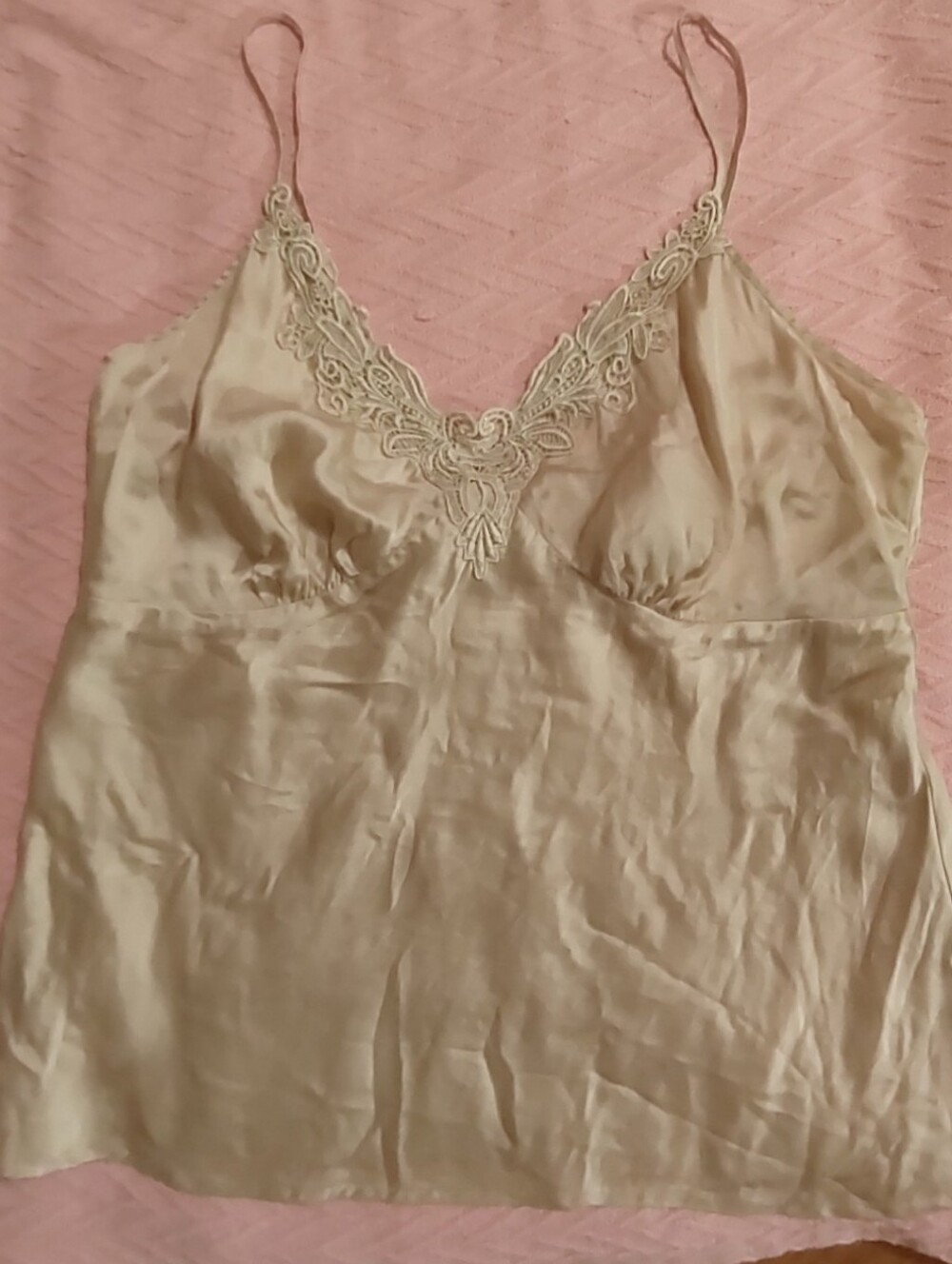 Silk Lace-Trim Cami Top in Light Beige Size XL